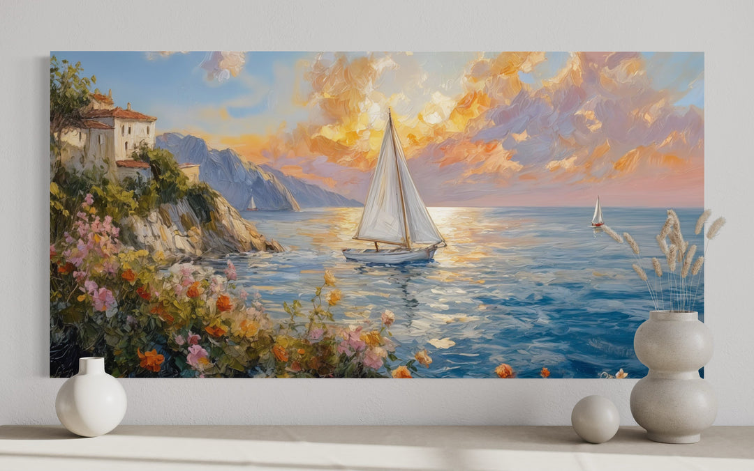 Seascape Sunset With Sailboats Painting Framed Canvas Wall Art