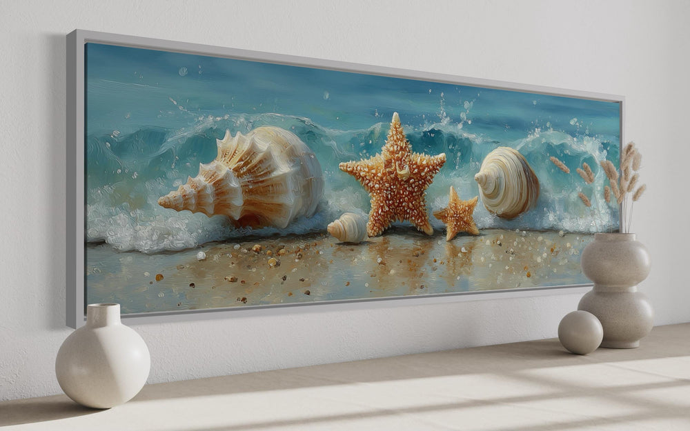 Seashell And Starfish Beach Scene Framed Canvas Wall Art