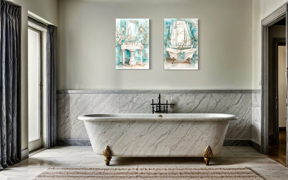 Set Of 2 Teal Bathroom Vintage Tab And Sink Chinoiserie Wall Art