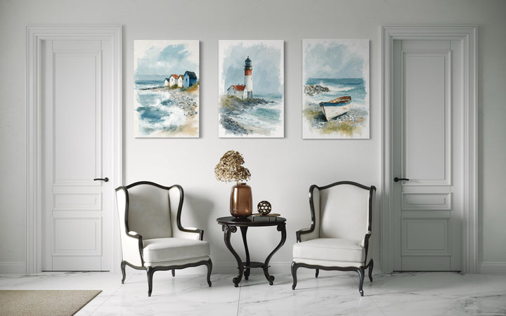 Set Of 3 Beach House Framed Canvas Wall Art - Lighthouse, Beach Huts And Old Boat