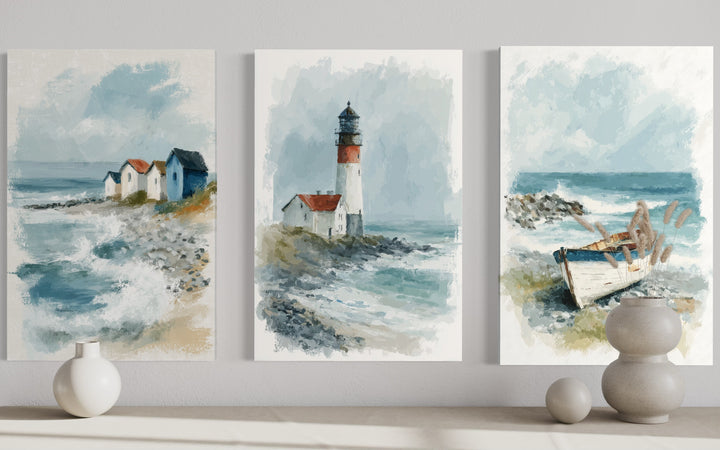 Set Of 3 Beach House Framed Canvas Wall Art - Lighthouse, Beach Huts And Old Boat