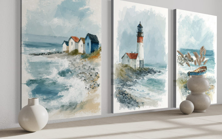 Set Of 3 Beach House Framed Canvas Wall Art - Lighthouse, Beach Huts And Old Boat