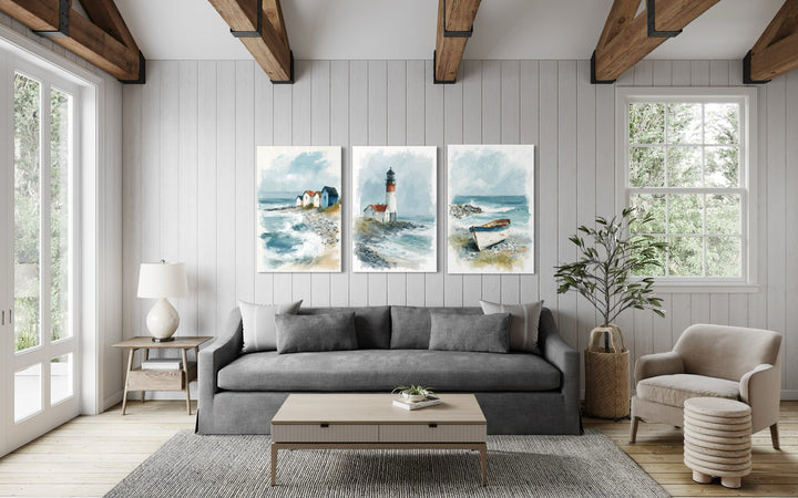 Set Of 3 Beach House Framed Canvas Wall Art - Lighthouse, Beach Huts And Old Boat