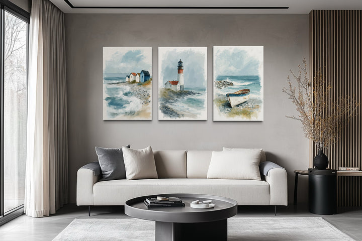 Set Of 3 Beach House Framed Canvas Wall Art - Lighthouse, Beach Huts And Old Boat