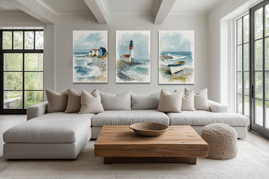Set Of 3 Beach House Framed Canvas Wall Art - Lighthouse, Beach Huts And Old Boat