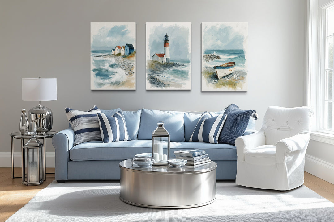 Set Of 3 Beach House Framed Canvas Wall Art - Lighthouse, Beach Huts And Old Boat
