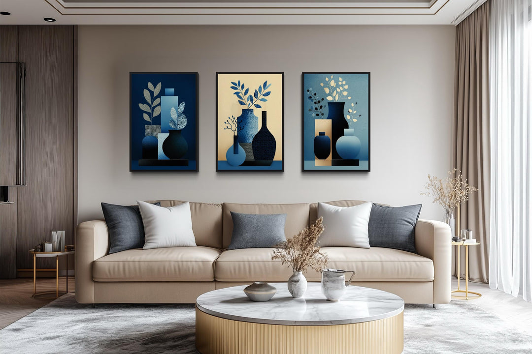 Set Of 3 Blue Beige Mid Century Modern Vases Canvas Wall Art