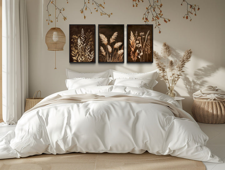 Set Of 3 Brown Beige Boho Earth Tone Grass Canvas Wall Art