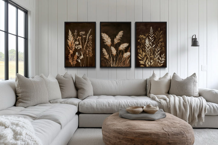 Set Of 3 Brown Beige Boho Earth Tone Grass Canvas Wall Art