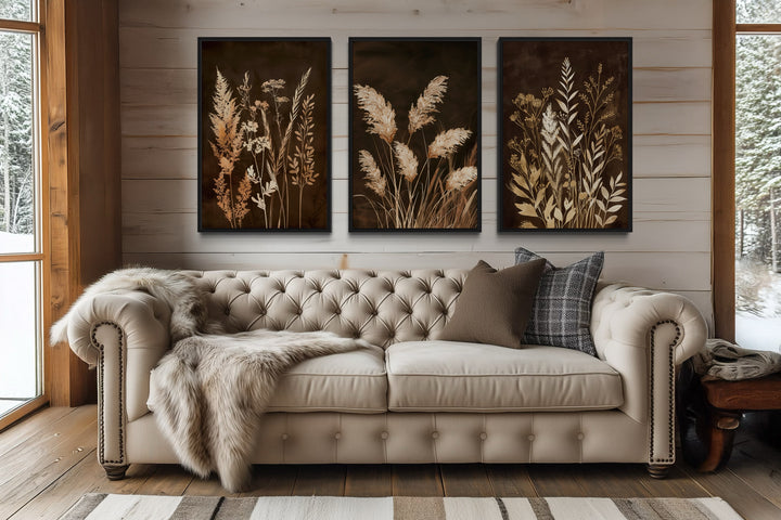 Set Of 3 Brown Beige Boho Earth Tone Grass Canvas Wall Art