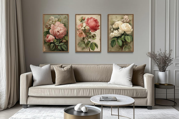 Set Of 3 Shabby Chic Vintage Rose Floral Botanical Wall Art Prints