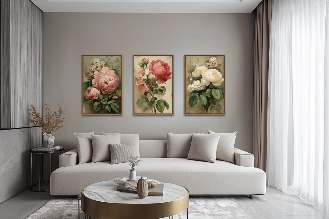 Set Of 3 Shabby Chic Vintage Rose Floral Botanical Wall Art Prints