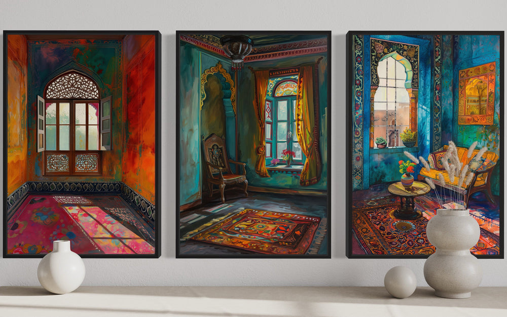 Set Of Three Colorful Indian Room And Window Framed Canvas Wall Art