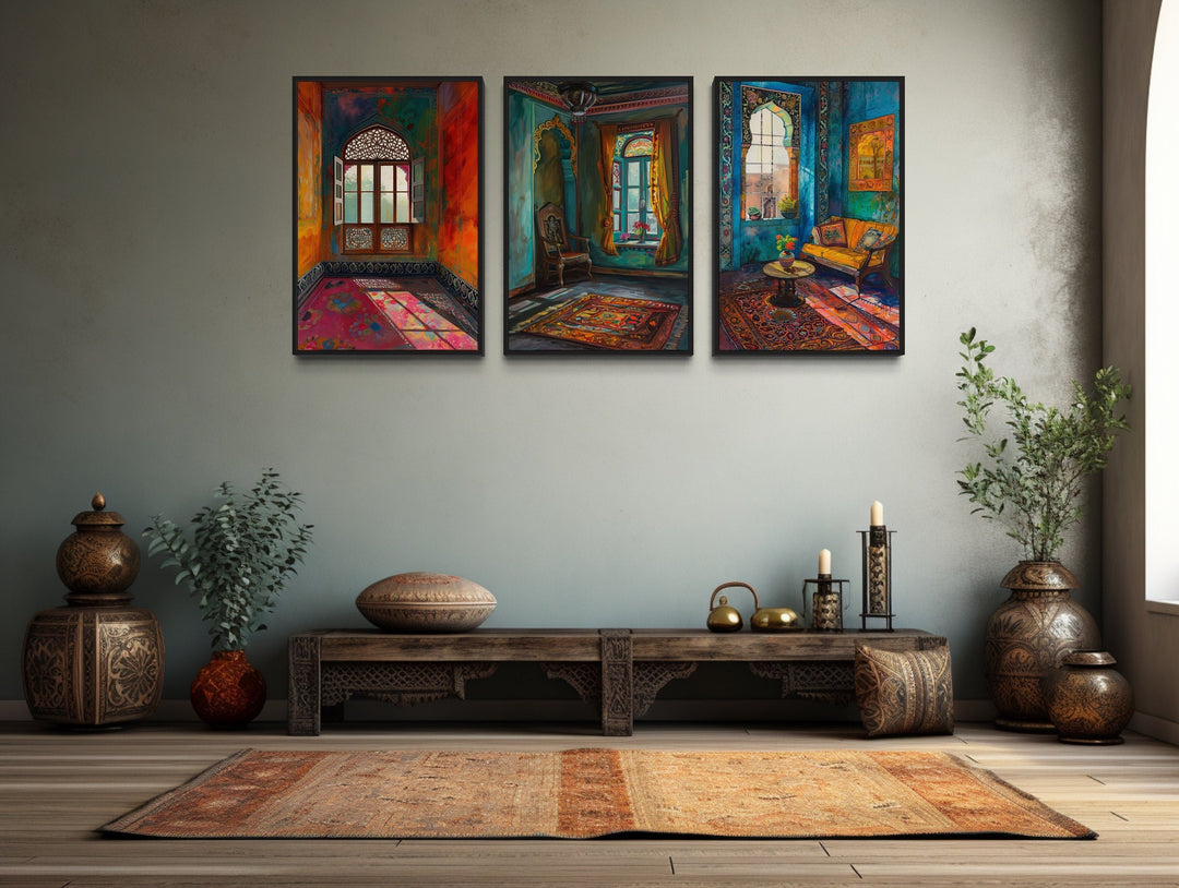 Set Of Three Colorful Indian Room And Window Framed Canvas Wall Art