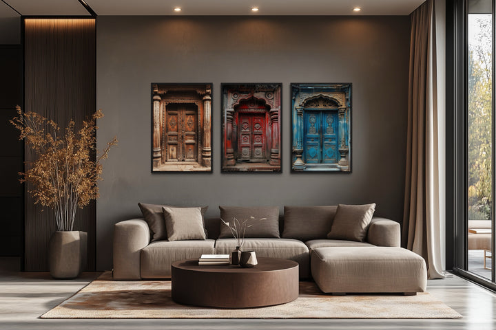 Set Of Three Indian Doors Framed Canvas Wall Art For Living Room
