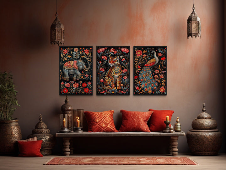Set Of Three Madhubani Style Tiger, Elephant, Peacock Indian Framed Canvas Wall Art