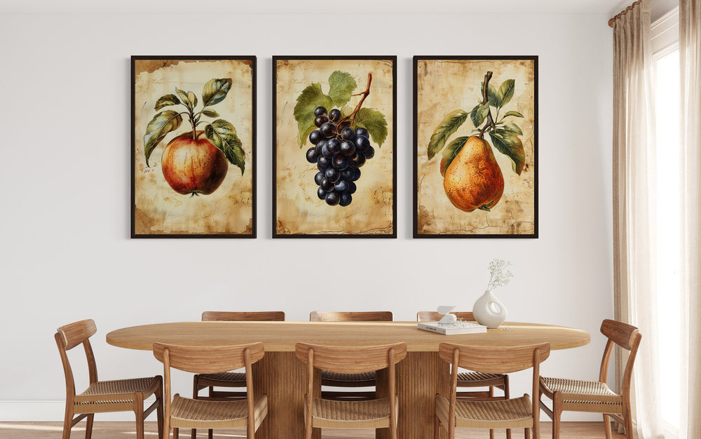 Set Of Three Vintage Fruit Wall Art For Dining Room Apple Pear Grapes