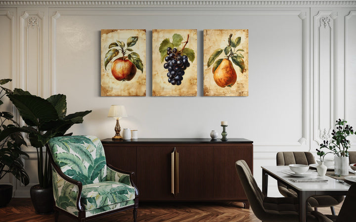 Set Of Three Vintage Fruit Wall Art For Dining Room Apple Pear Grapes