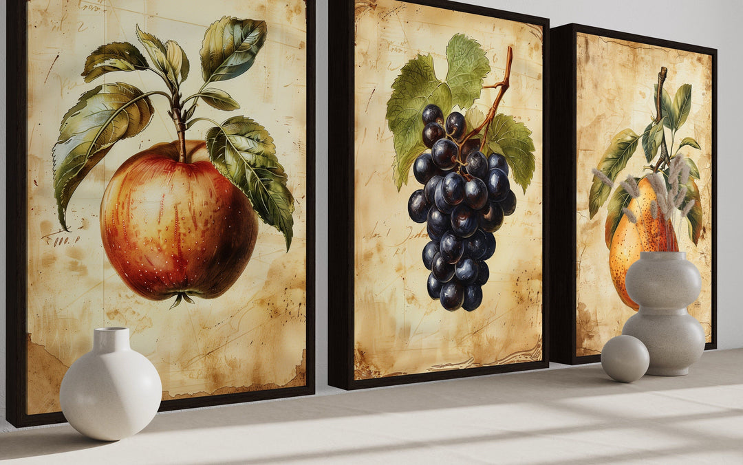 Set Of Three Vintage Fruit Wall Art For Dining Room Apple Pear Grapes