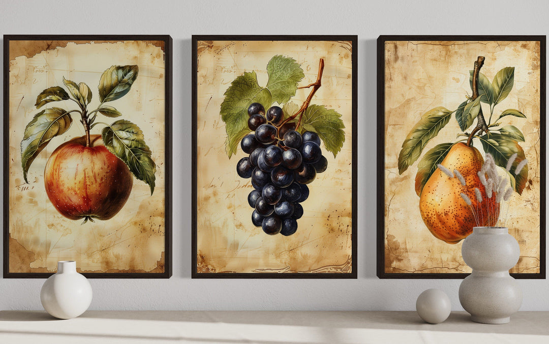 Set Of Three Vintage Fruit Wall Art For Dining Room Apple Pear Grapes
