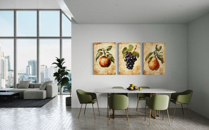 Set Of Three Vintage Fruit Wall Art For Dining Room Apple Pear Grapes