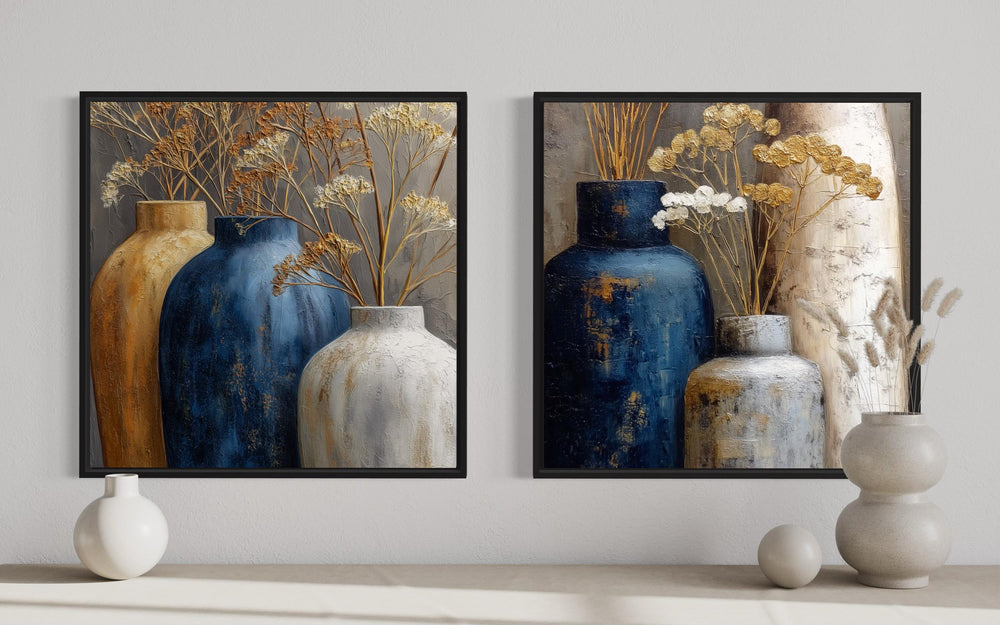Set of 2 Blue Gold Beige Vase Still Life Canvas Wall Art For Dining Room