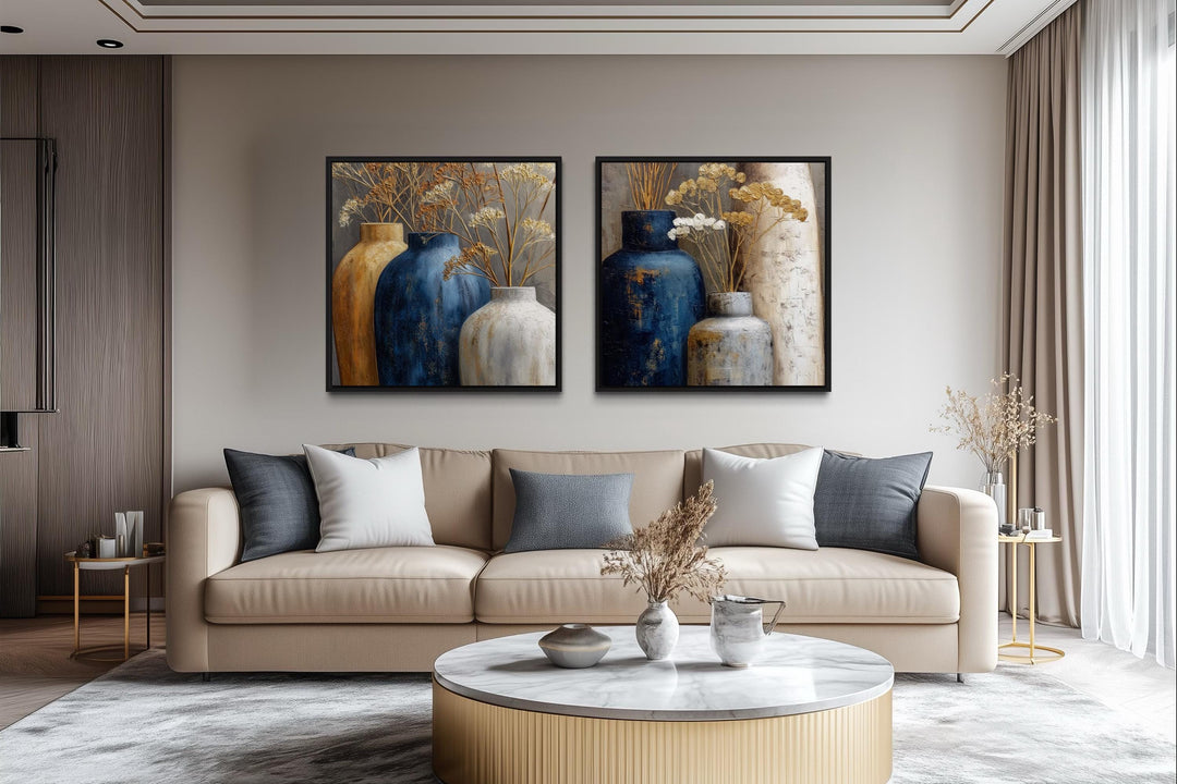Set of 2 Blue Gold Beige Vase Still Life Canvas Wall Art For Dining Room