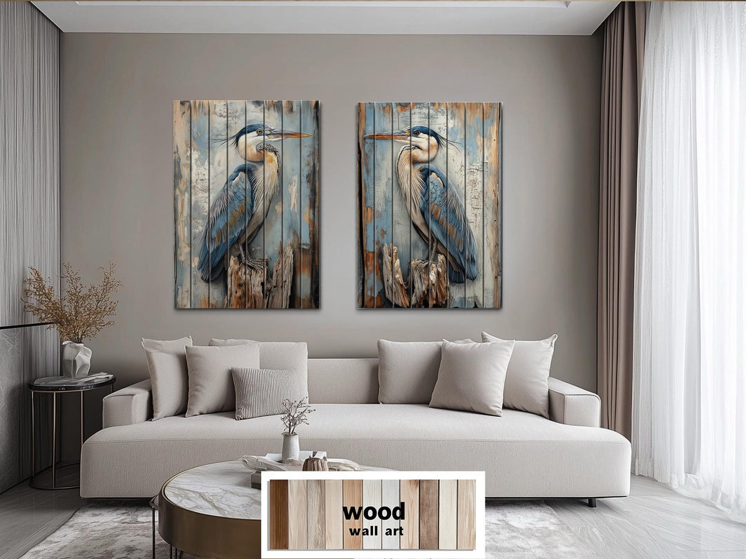 Set of 2 Blue Herons Distressed Wood Wall Art