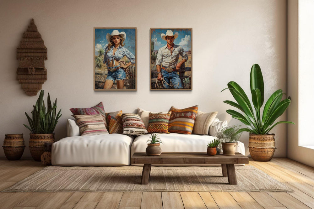 Set of 2 Cowboy And Cowgirl Retro Canvas Wall Art