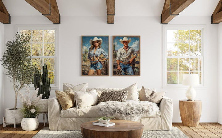 Set of 2 Cowboy And Cowgirl Retro Canvas Wall Art