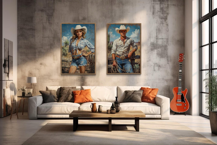 Set of 2 Cowboy And Cowgirl Retro Canvas Wall Art