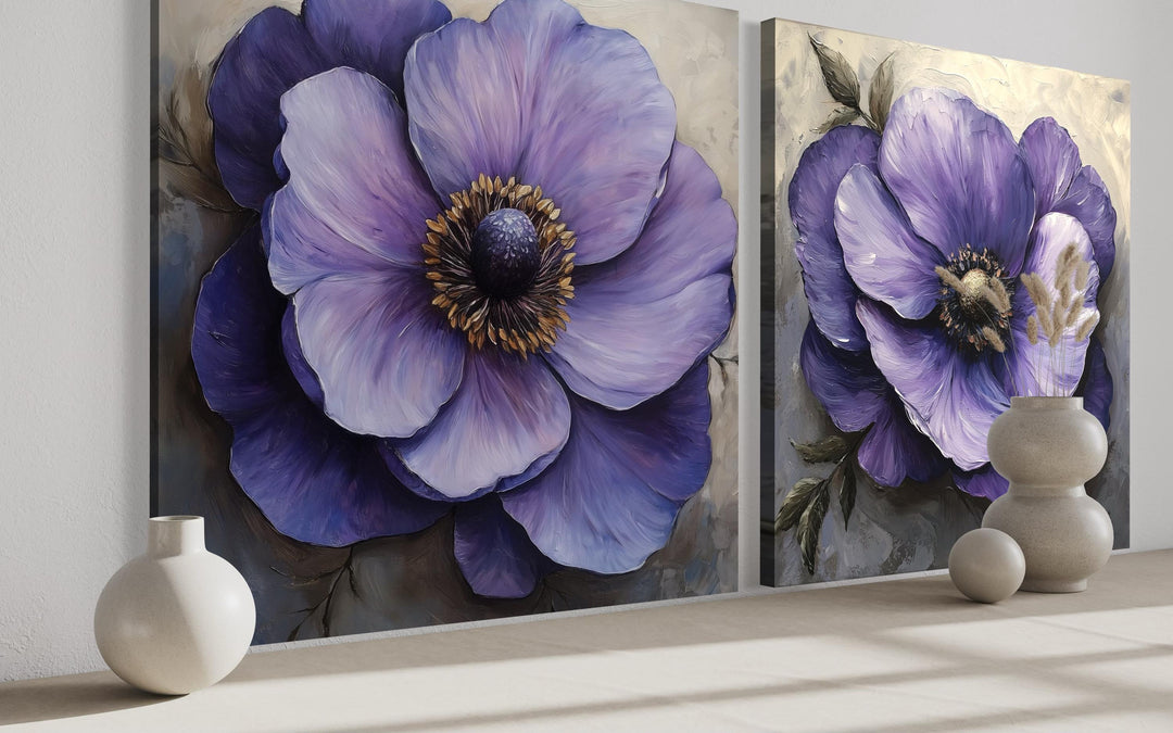 Set of 2 Large Purple Flowers Framed Canvas Wall Art
