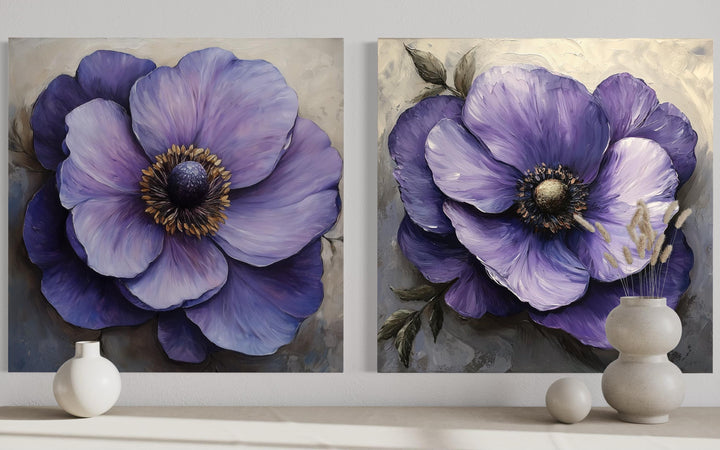 Set of 2 Large Purple Flowers Framed Canvas Wall Art