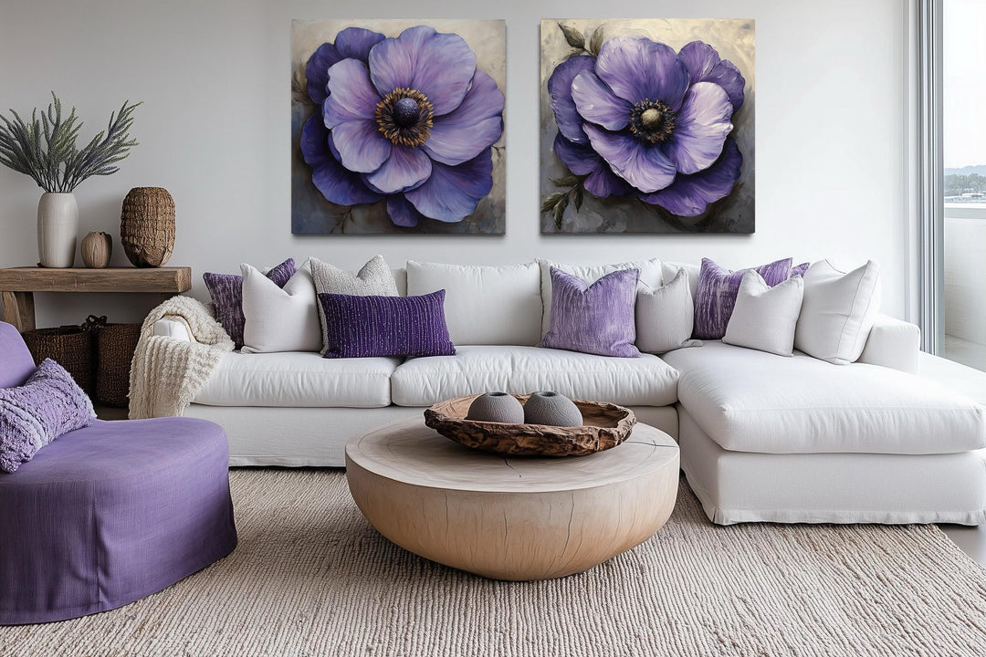 Set of 2 Large Purple Flowers Framed Canvas Wall Art