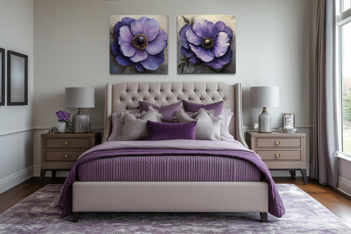 Set of 2 Large Purple Flowers Framed Canvas Wall Art