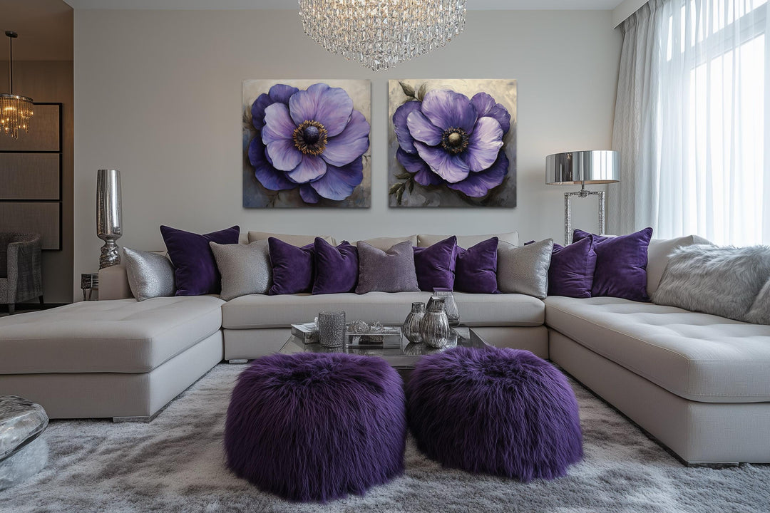 Set of 2 Large Purple Flowers Framed Canvas Wall Art