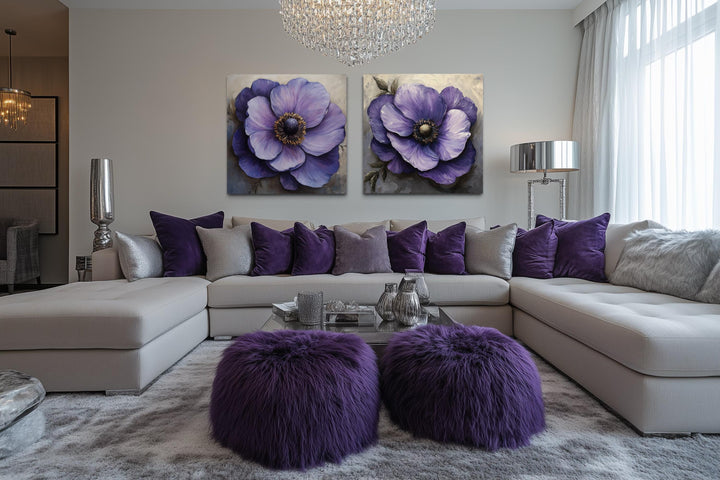 Set of 2 Large Purple Flowers Framed Canvas Wall Art