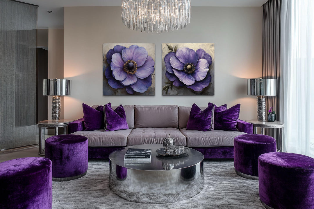 Set of 2 Large Purple Flowers Framed Canvas Wall Art