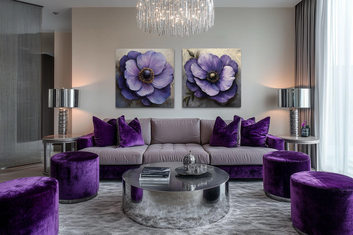 Set of 2 Large Purple Flowers Framed Canvas Wall Art