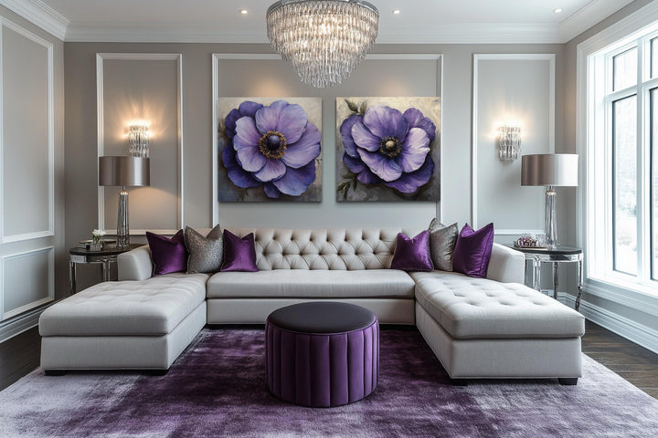 Set of 2 Large Purple Flowers Framed Canvas Wall Art