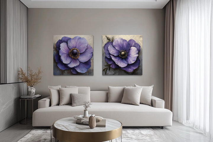 Set of 2 Large Purple Flowers Framed Canvas Wall Art