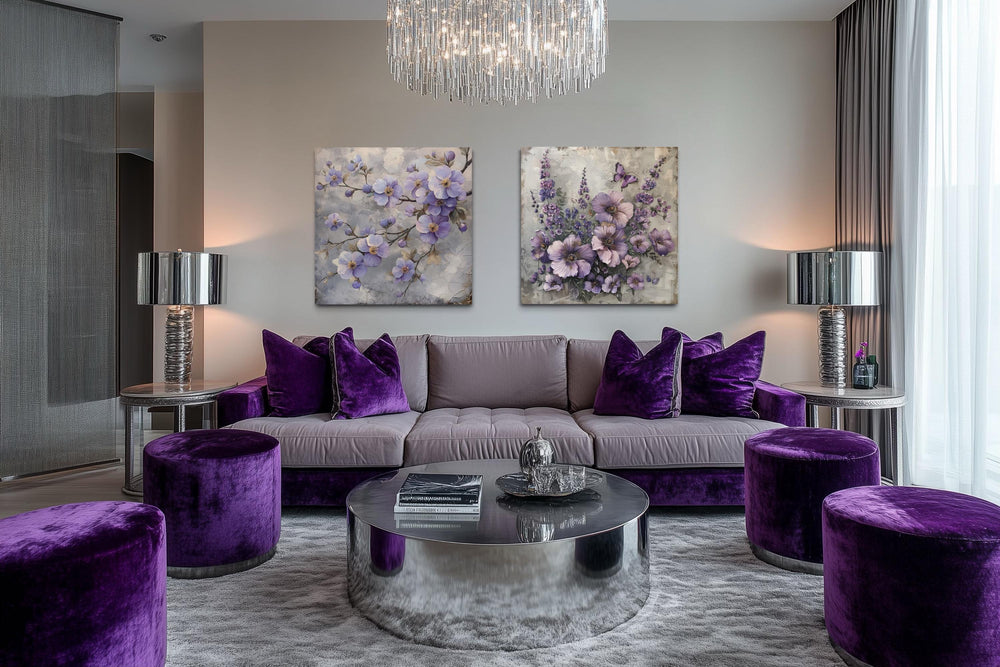 Set of 2 Light Purple Floral Prints – Cherry Blossom and Butterfly Flower Wall Art