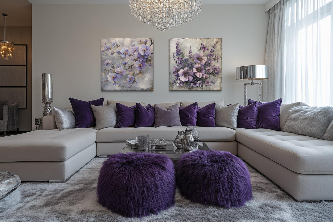 Set of 2 Light Purple Floral Prints – Cherry Blossom and Butterfly Flower Wall Art