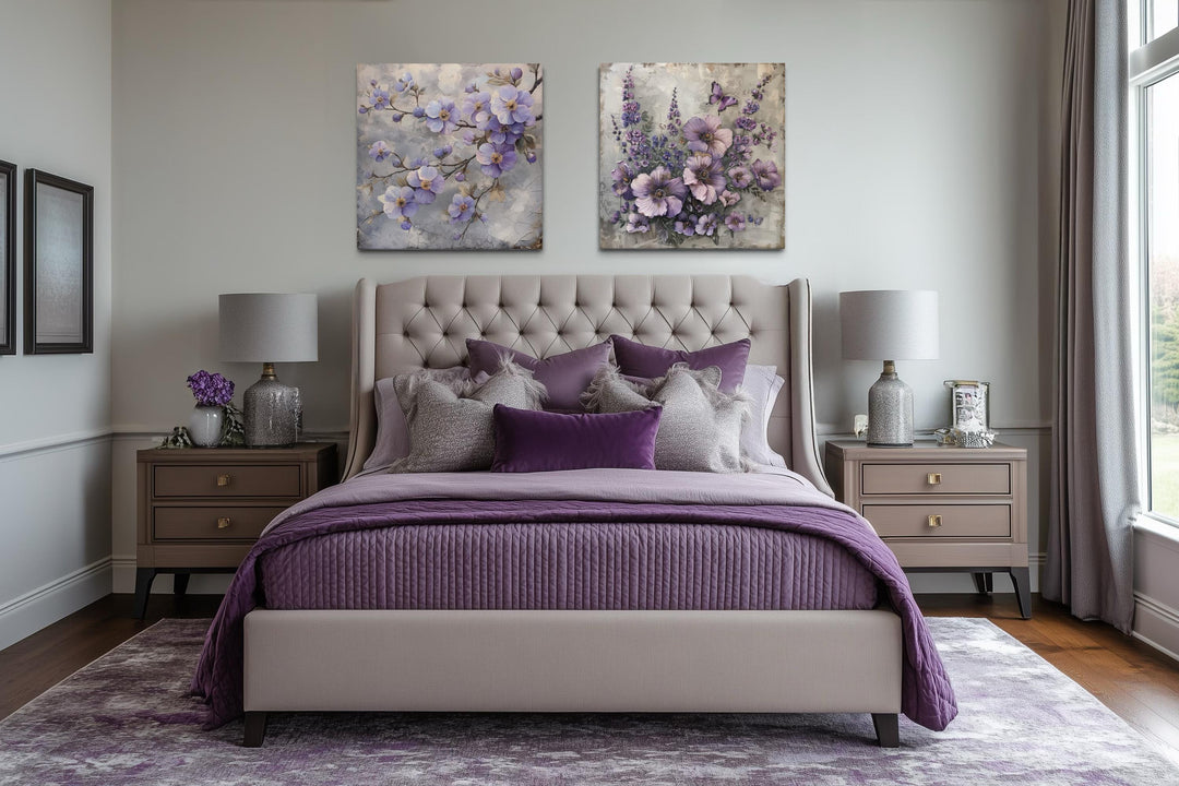 Set of 2 Light Purple Floral Prints – Cherry Blossom and Butterfly Flower Wall Art