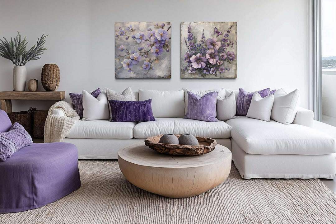 Set of 2 Light Purple Floral Prints – Cherry Blossom and Butterfly Flower Wall Art