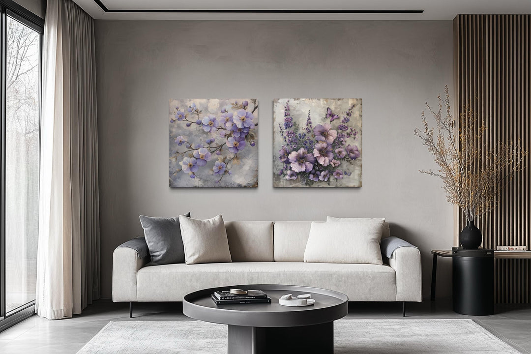 Set of 2 Light Purple Floral Prints – Cherry Blossom and Butterfly Flower Wall Art