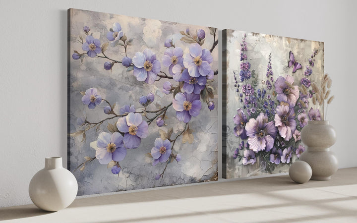 Set of 2 Light Purple Floral Prints – Cherry Blossom and Butterfly Flower Wall Art