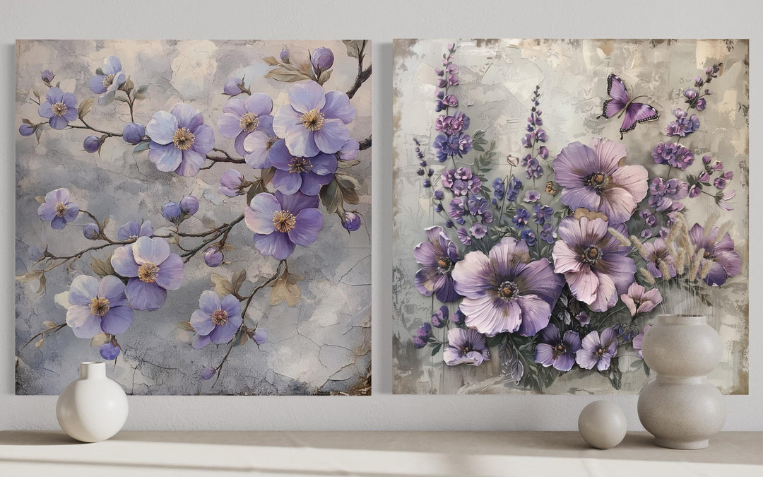 Set of 2 Light Purple Floral Prints – Cherry Blossom and Butterfly Flower Wall Art
