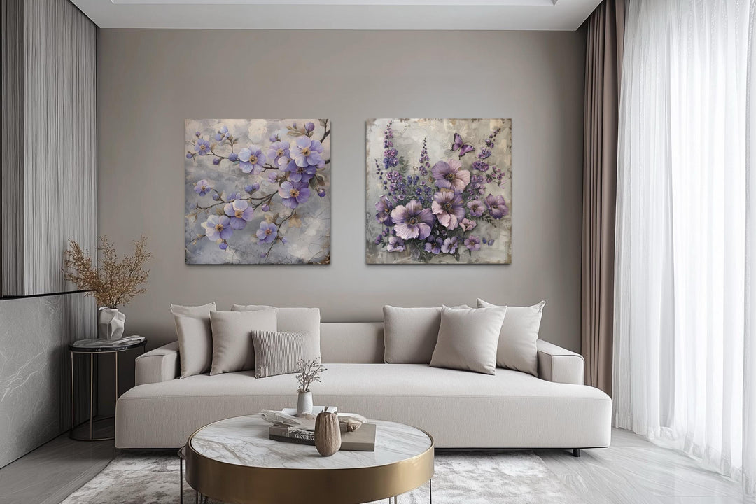 Set of 2 Light Purple Floral Prints – Cherry Blossom and Butterfly Flower Wall Art