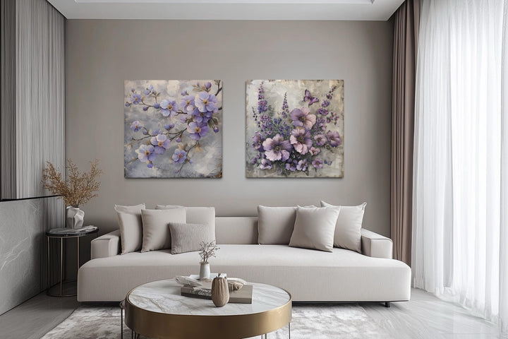 Set of 2 Light Purple Floral Prints – Cherry Blossom and Butterfly Flower Wall Art